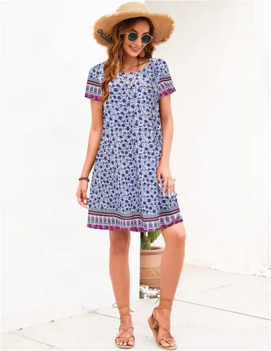 Vista 4 de Sherosa - Vestido de verano sin mangas o con manga corta, estampado floral, con bolsillos, casual, suelto, con vuelo, vestido estilo camiseta