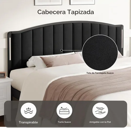 Vista 2 de Cabecero tapizado para cama matrimonial con luces, color negro Negro Terciopelo