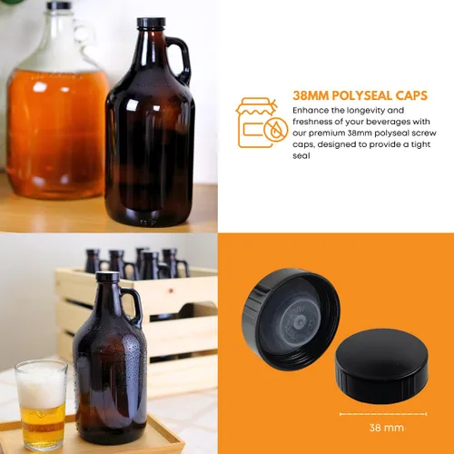 Vista 4 de FastRack - Growlers de vidrio ámbar de 64 onzas (paquete de 6) Cultivador de cerveza de medio galón con 18 tapas de sellado de polietileno Jarra
