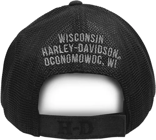 Vista 2 de Harley-Davidson Gorra de camionero bordada con calavera y texto H-D para hombre, color negro, Negro