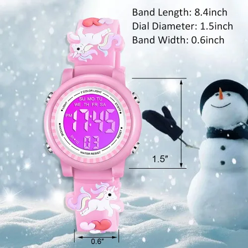 Vista 5 de Venhoo Kids Watches 3D Cartoon Waterproof 7 Color Lights Toddler Wrist Digital Watch with Alarm Stopwatch for 3-10 Year Girls Little Child