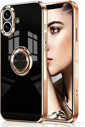 Vista 95 de Compatible con iPhone 11 Kickstand, anillo de rotación de 360 grados integrado con borde de oro rosa brillante que funciona con soporte magnético