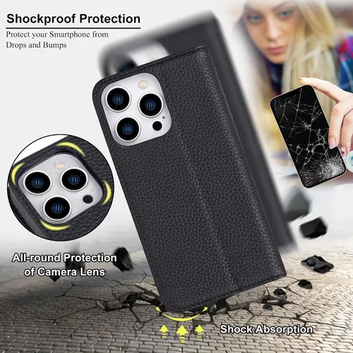 Vista 5 de VISOUL Pebbled - Funda de piel auténtica para iPhone 15 Pro Max con tarjetero y función atril magnético para iPhone 15 Pro Max (6.7 pulgadas)