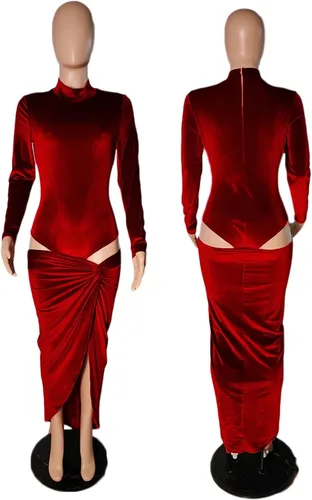 Vista 5 de Conjunto sexy de 2 piezas de terciopelo para mujer, conjunto de vestido midi con abertura fruncida, ropa de discoteca