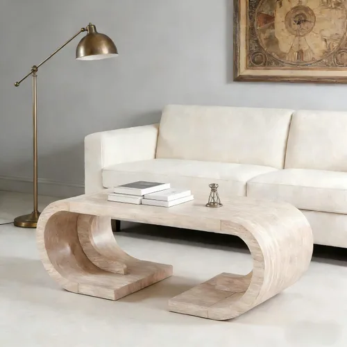 Vista 8 de SSLine Mid-Century - Mesa de centro curvada de 47.24 pulgadas con base de pedestal, mesa central de madera en forma de C para sala de estar