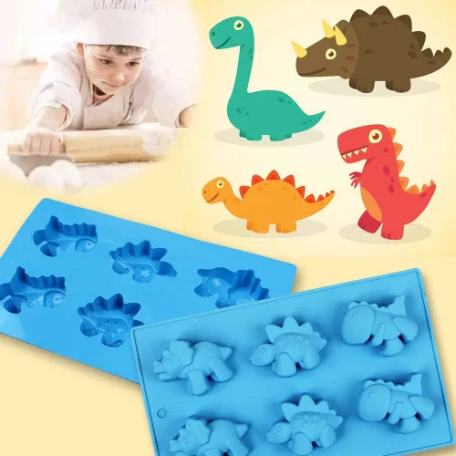 Vista 4 de homEdge Moldes de silicona para caramelos de dinosaurio, juego de 3 paquetes de moldes antiadherentes para chocolate, jabón hecho a mano, color azul