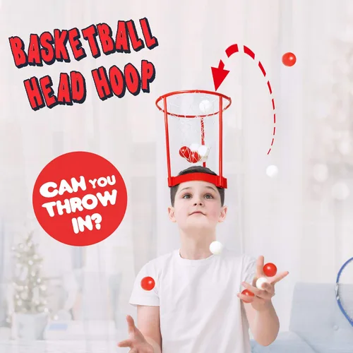 Vista 2 de Novelty Place Head Basketball Hoop Juego de fiesta para niños y adultos, diadema de baloncesto ajustable con 20 bolas, rojo y blanco
