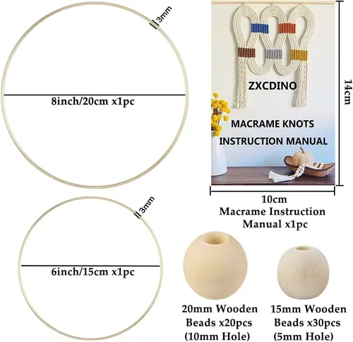 Vista 3 de Kits de macramé de 119 piezas para principiantes de 0.118 in x 109 yardas, cuerda de macramé de algodón natural con 100 cuentas de madera, 10