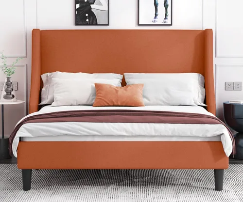 Vista 11 de Allewie Marco de Cama de Plataforma Tamaño King con Cabecera Tapizada, Respaldo Wingback Moderno de Lujo, Soporte de Listones de Madera, Base