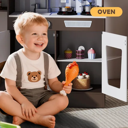 Vista 7 de JOYDIAS - Juego de cocina para niños, juego de cocina de madera con sonido y luz, horno, máquina de hielo, pizarra y caja de almacenamiento