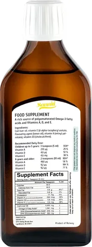 Vista 2 de Sanniti Aceite Natural 100% de Hígado de Bacalao, 1081 mg de Ácidos Grasos Omega-3 Totales, Capturado en la Naturaleza Nórdica, 250 mL (8.4 oz)