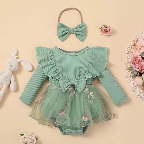 Vista 2 de MERSARIPHY Conjunto de mameluco de otoño para bebé niña con volantes, manga larga, a cuadros, overol con diadema