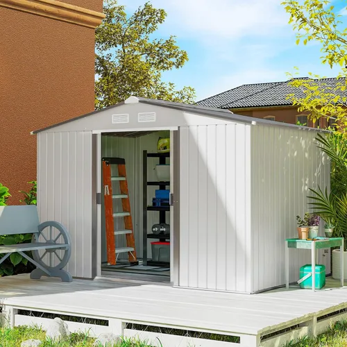Vista 26 de Outsunny Cobertizo de almacenamiento exterior de 11' x 13', cobertizo de metal para herramientas de jardín con kit de cimentación, puerta con doble