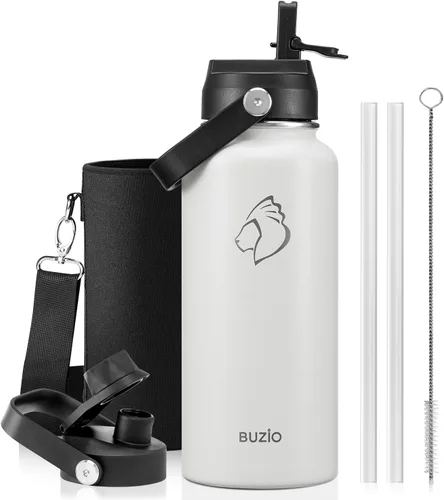 Vista 87 de BUZIO Botella de agua aislada de 24 oz, frasco de agua de boca ancha de acero inoxidable con tapa de pajita, frío durante 48 horas a prueba de Negro