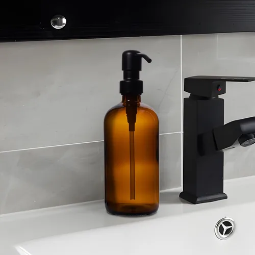 Vista 2 de Diahom Dispensador de jabón de vidrio ámbar, dispensador de jabón para platos de mano, 1 bomba de acero inoxidable de 16 onzas para fregadero