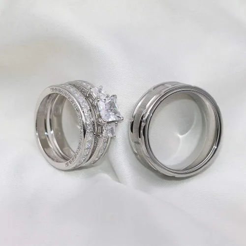 Vista 5 de Juego de anillos de boda para él y ella, anillos de promesa para parejas, conjuntos de novia para mujer, plata de ley 925, circonita cuadrada, acero