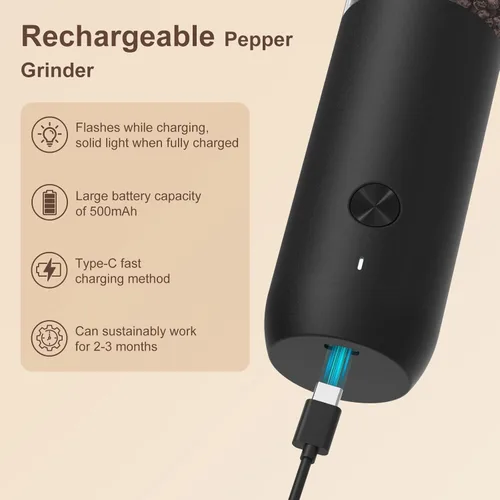 Vista 4 de Ultrean Molinillo de pimienta, molinillo de sal y pimienta recargable con 6 grosores ajustables, luz LED, molinillo automático para cocina