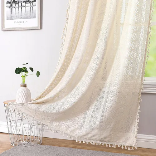 Vista 16 de Cortinas de encaje transparente con borlas de lino bohemio beige, elegante geometría de ganchillo, bolsillo para barra, cortinas de ventana