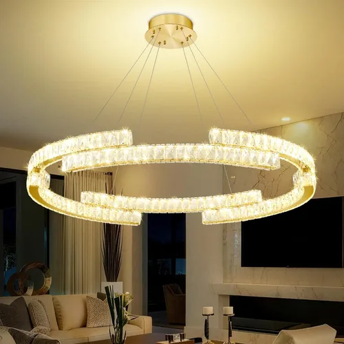 Vista 15 de D40''+D27.5''+D15.7'' Moderna lámpara de araña de oro de 3 anillos de cristal para sala de estar, luz colgante de cristal, entrada de vestíbulo Oro