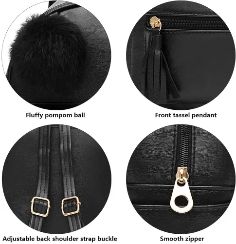 Vista 6 de Mini Backpack Purse for Girls Teens Women Purses PU Leather Pom Backpack Shoulder Bag with Charm Tassel