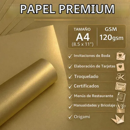 Vista 2 de Papel metálico premium con pigmentos de oro real – 120 g/m² (32 lb Bond) Hojas brillantes para certificados y tarjetas para impresoras de inyección