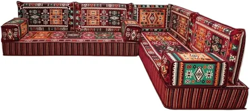 Vista 110 de arabicsofa Juego de asientos Jalsa en forma de L – Majlis árabe hecho a mano con almohadas de respaldo