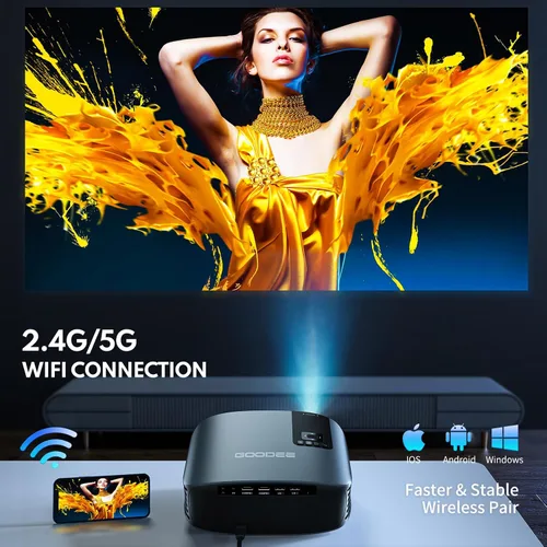 Vista 4 de GooDee Proyector 4K con WiFi y Bluetooth compatible, FHD 1080P Mini proyector portátil para películas al aire libre, proyector de video 5G para cine