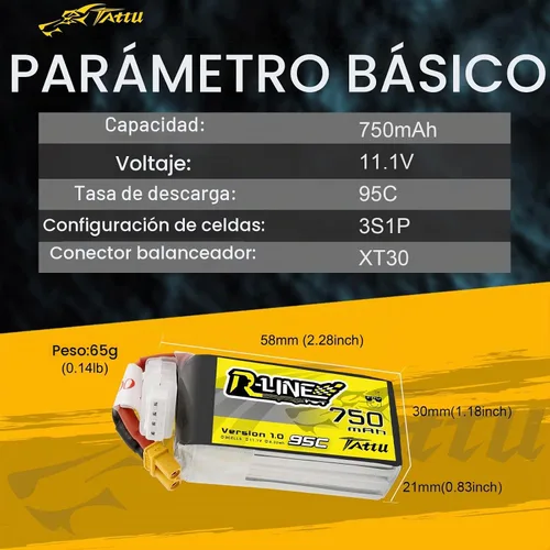 Vista 2 de TATTU R-Line 3S Lipo Batería 750mAh 11.1V 95C con enchufe XT30 para FPV Racing Quadcopter de tamaño 100 a 180