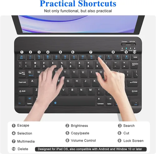 Vista 7 de Combo de teclado y mouse Bluetooth, diseño QWERTY, teclado inalámbrico ultradelgado de 10 pulgadas, sin retrasos, teclado silencioso compatible