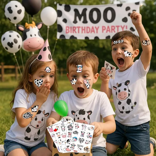 Vista 3 de 96 tatuajes temporales precortados de vaca para niños, suministros para fiestas de cumpleaños de animales de granja, decoraciones y recuerdos