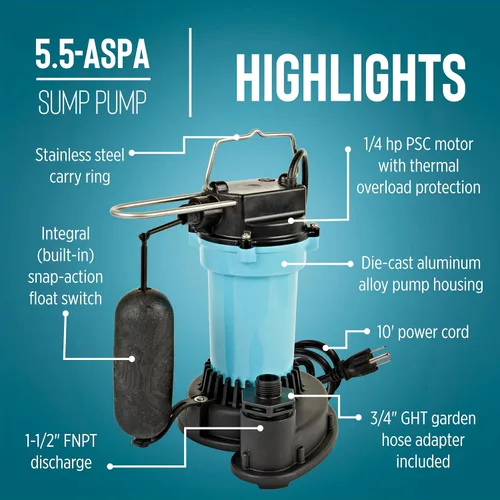 Vista 3 de Little Giant 505702 Bomba de sumidero automática de aluminio de 115 voltios, 2100 GPH, 1/4 HP con interruptor de flotador de acción rápida y cable