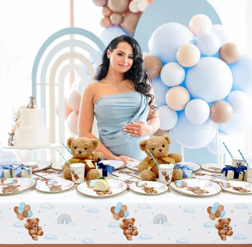 Vista 5 de Caisehabu 3 manteles de plástico para baby shower, con diseño de oso de peluche, estilo bohemio marrón y azul, suministros para decoración de fiesta