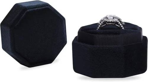 Vista 5 de BLUTETE Caja de terciopelo con 2 ranuras para joyería, caja de compromiso, boda, caja de recuerdo, anillo de foto nupcial, octágono de doble ranura