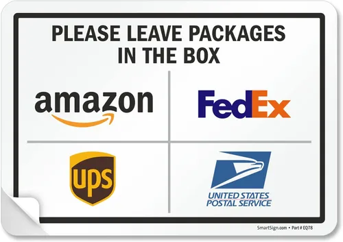 Vista 13 de SmartSign 7 x 10 pulgadas "Por favor, deje los paquetes en la caja - Amazon, FedEx, UPS, USPS" Letrero de instrucciones de entrega de metal