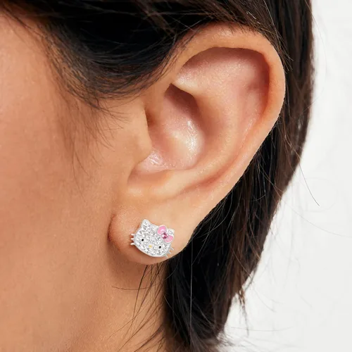 Vista 3 de Hello Kitty Aretes de cristal transparente para mujer, aretes de Hello Kitty chapados en plata, joyería Hello Kitty - licencia oficial, Cristal