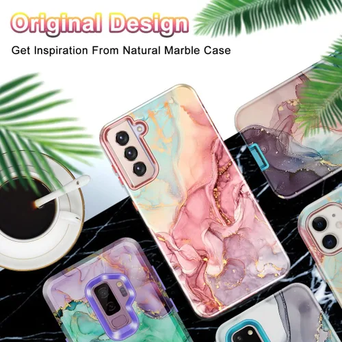 Vista 8 de Btscase Funda para Samsung S21 FE 5G 2022, patrón de mármol 3 en 1, resistente a prueba de golpes, cuerpo completo, policarbonato duro y suave