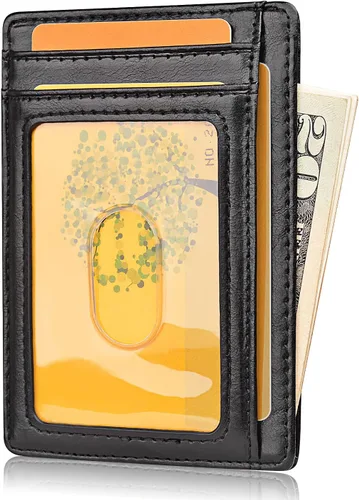 Vista 2 de Buffway - Billetera delgada minimalista de cuero con protección RFID para hombre y mujer, negro (Alaska Black)