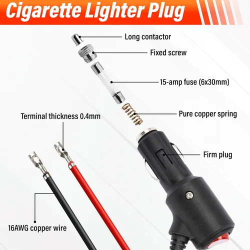 Vista 2 de Enchufe de encendedor de cigarrillos de 12 V con interruptor de encendido y apagado, 2 pies, 16 AWG, resistente, 15 A, repuesto para encendedor