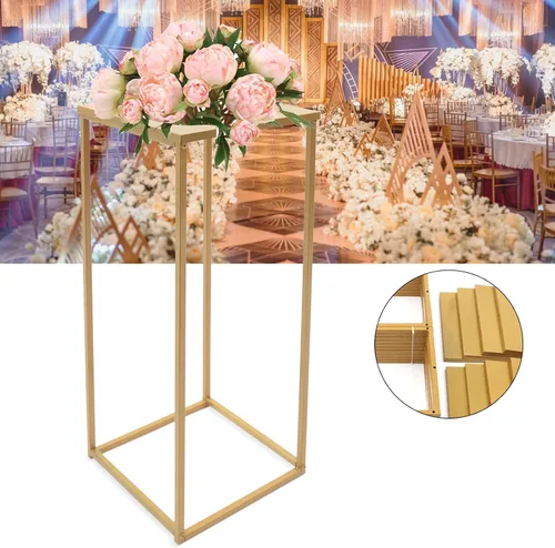 Vista 5 de 10 Uds. Florero de piso de flores, columna de metal, arreglo floral, estante de exhibición de mesa dorado, telón de fondo floral para centro de mesa