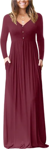 Vista 8 de GRECERELLE Vestido de manga larga con cuello en V para mujer, estilo casual, con botones, maxi, 2025, con bolsillos 01 Negro