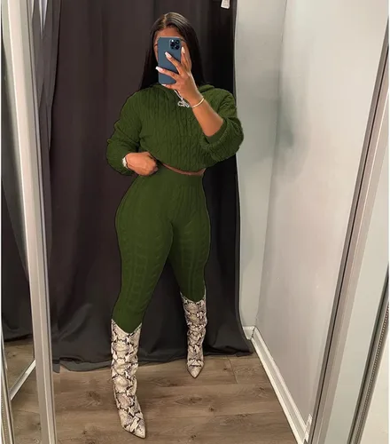 Vista 4 de ThusFar Conjunto de suéteres de punto casuales para mujer, conjunto de dos piezas, para otoño, ajustado, con cordón, grueso, con capucha, pantalón