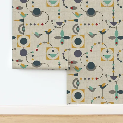 Vista 4 de Muestras de papel tapiz para despegar y pegar, diseño de pájaros de mediados de siglo, círculos abstractos modernos de los años 50, papel tapiz
