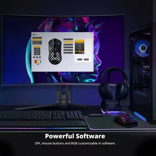 Vista 6 de DREVO Owl - Mouse inalámbrico RGB para juegos con 85G ligero, conectividad de 2.4G, 6 botones programables, sensor óptico PixArt PMW3325 y 6 niveles