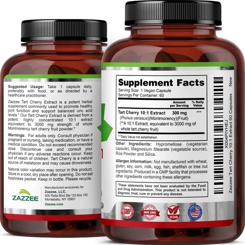 Vista 7 de Zazzee - Extracto de cereza agria 10:1, 60 cápsulas veganas, suministro para 2 meses Montmorency Cherry, Certified Kosher, Joint & Uric Acid