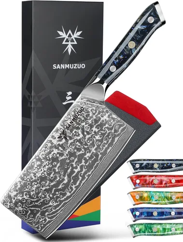 Vista 7 de Cuchillo chino de chef – Cuchillo de carnicero de 7 pulgadas – Serie Xuan – Cuchillo de cocina de acero Damasco VG10 – Mango de resina