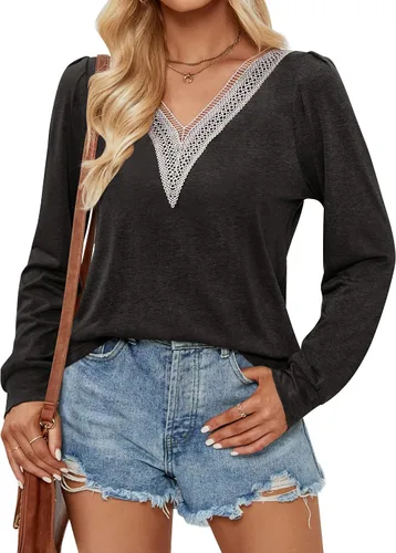 Vista 4 de ZESICA Camisetas casuales de manga larga para mujer, con cuello en V, de encaje, básicas, para verano y otoño