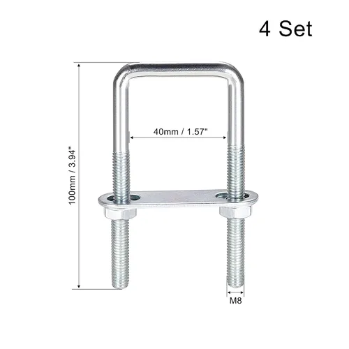 Vista 46 de uxcell Pernos cuadrados en U de 1 "(25 mm) de ancho interior de acero al carbono M8 con tuercas, placa de marco, arandelas redondas, juego de 4