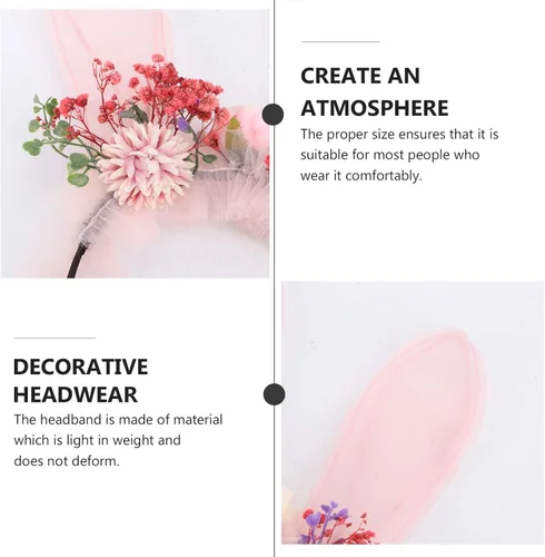 Vista 3 de Beaupretty Diadema de orejas de conejo, diadema larga con orejas de conejo con flores, orejas de conejo de Pascua, conejo, cosplay, accesorios