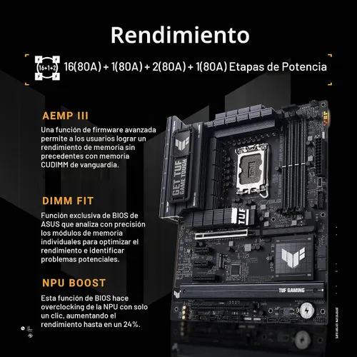 Vista 3 de ASUS TUF Gaming Z890-PLUS WiFi Z890 LGA 1851 ATX Placa base, Intel® Core™ Ultra Series 2 Ready, Intel® Core™ Ultra Series 2 Ready, AI avanzado listo