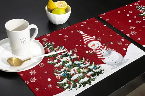 Vista 5 de Juego de 6 manteles individuales de Navidad, muñeco de nieve, copo de nieve, árbol de Navidad, resistentes al calor, para mesa de comedor, lino
